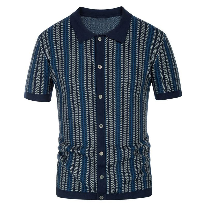 Pull tricoté à manches courtes, nouveau polo d'affaires rayé en jacquard