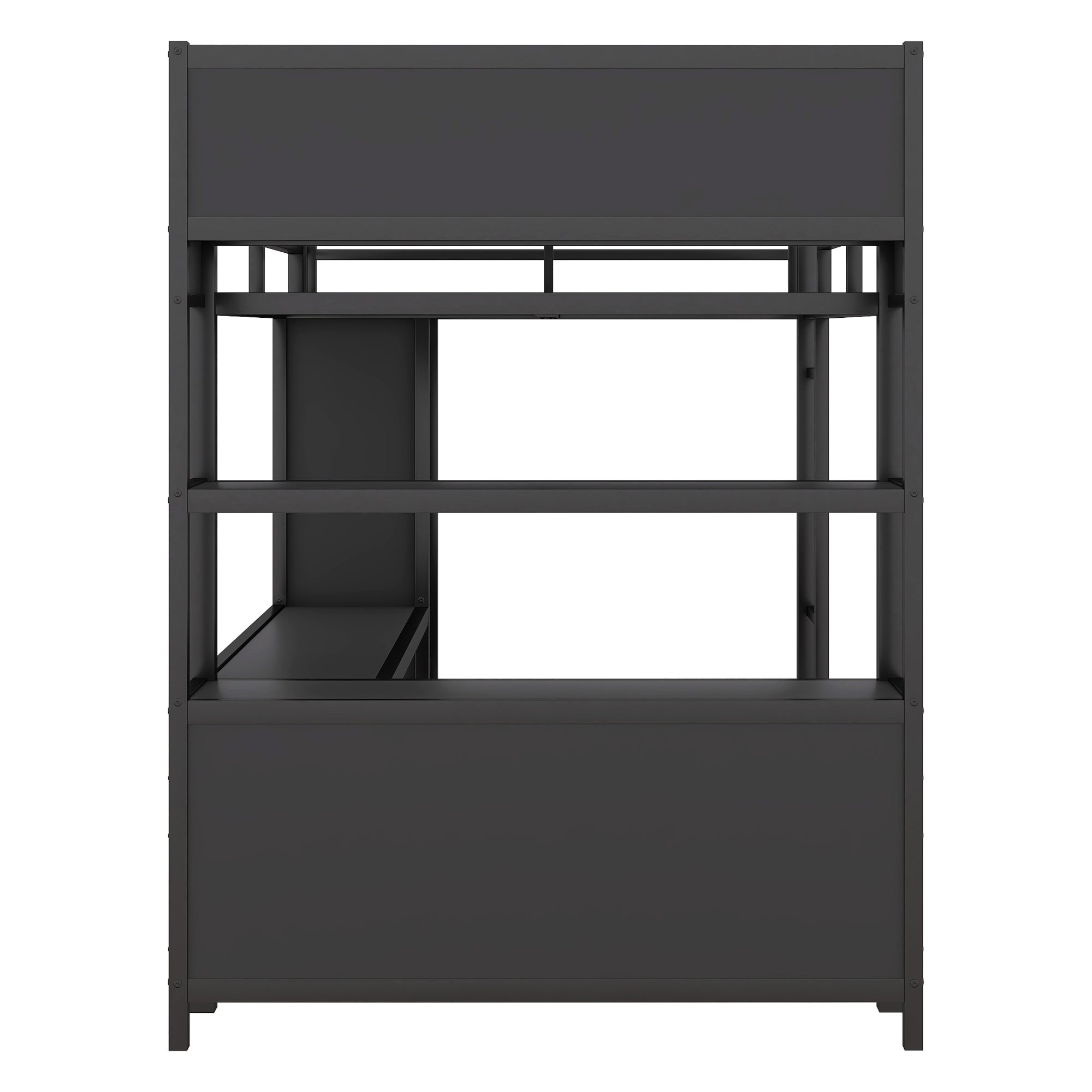 Metal loft bed with wardrobe and L-shaped desk, full-size loft bed with storage cabinet and shelf, heavy-duty loft bed, black