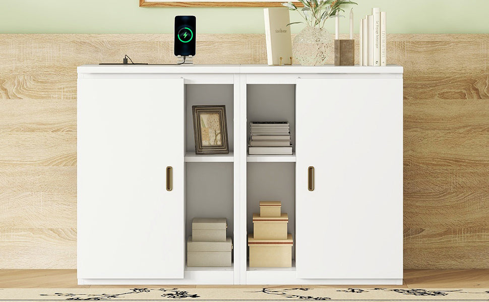 Full Size Murphy Bed with Shelves, Cabinets and USB Ports,White