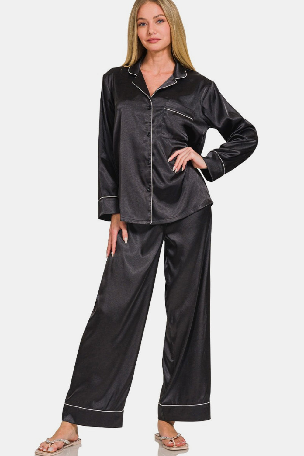 Ensemble pyjama chemise à manches longues et pantalon en satin Zenana