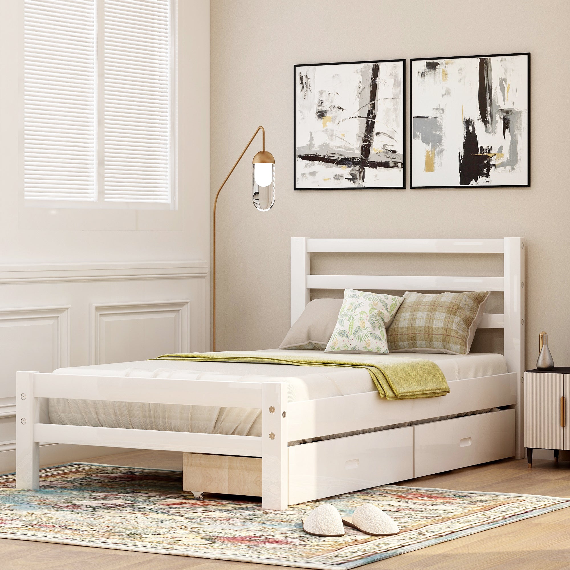 Cama de plataforma de madera con dos cajones twin (blanca)