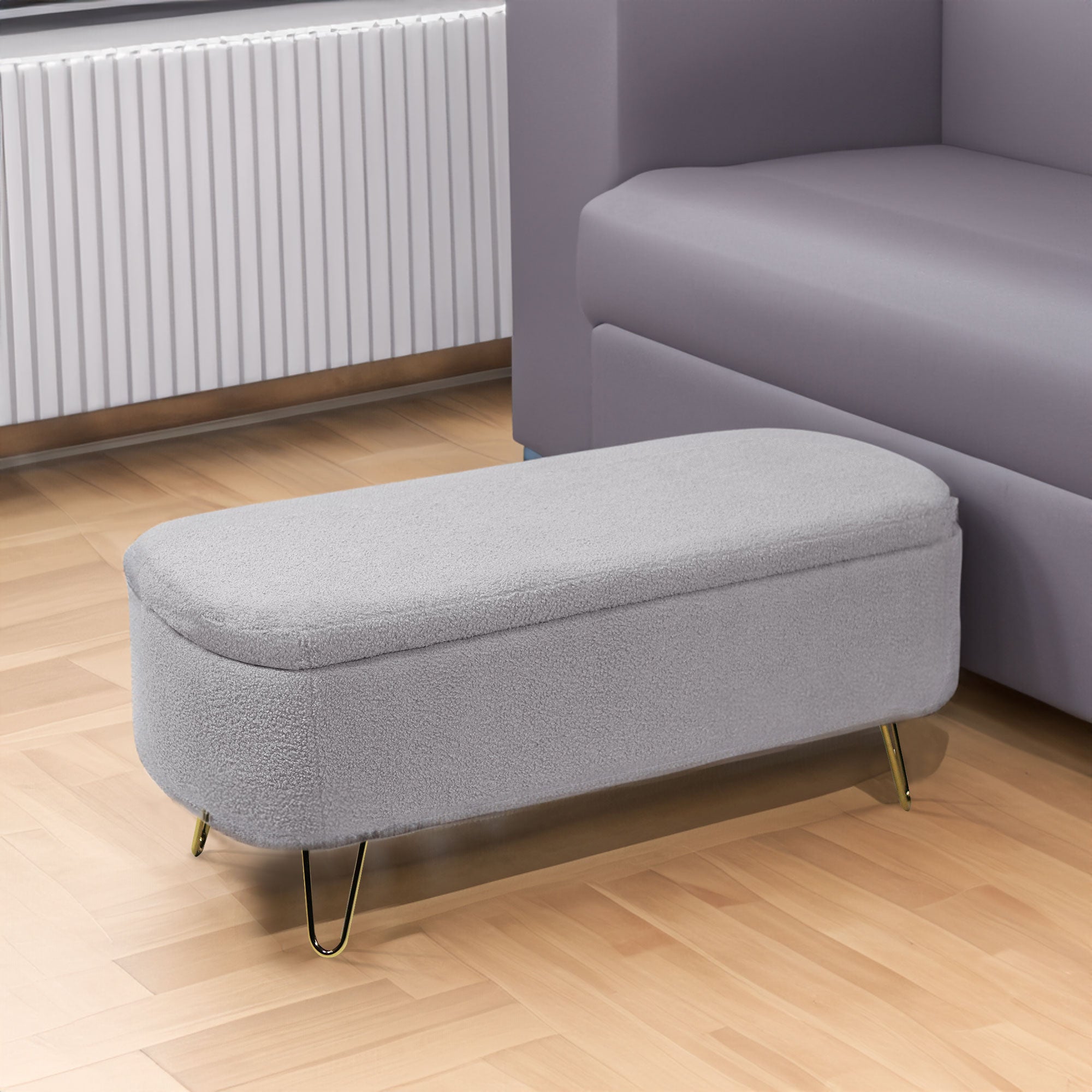 Banc ottoman de rangement gris pour bout de lit avec pieds dorés Banc d'entrée moderne en fausse fourrure grise