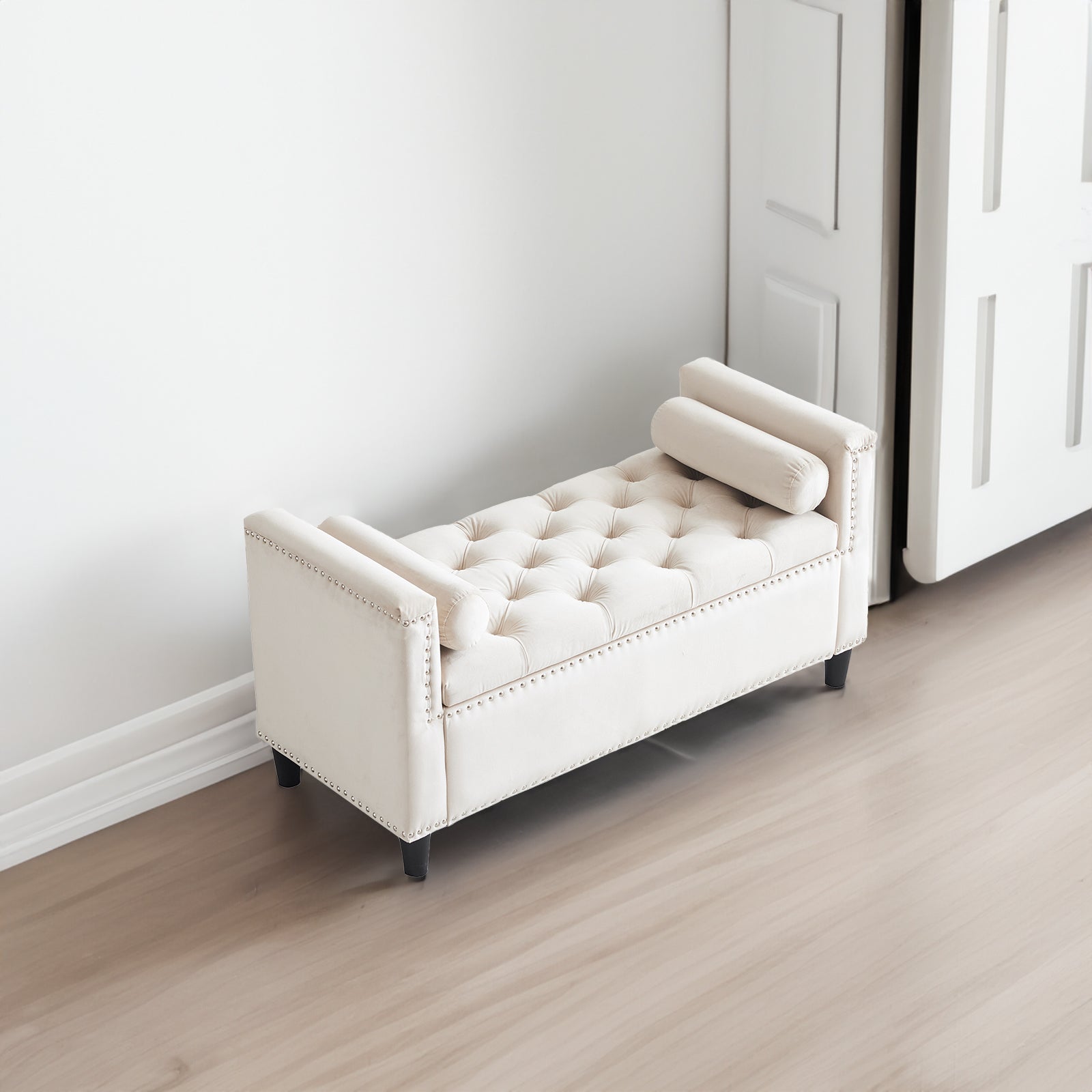 Banc de rangement, banc de chevet à boutons en velours Queen de 44,5 pouces