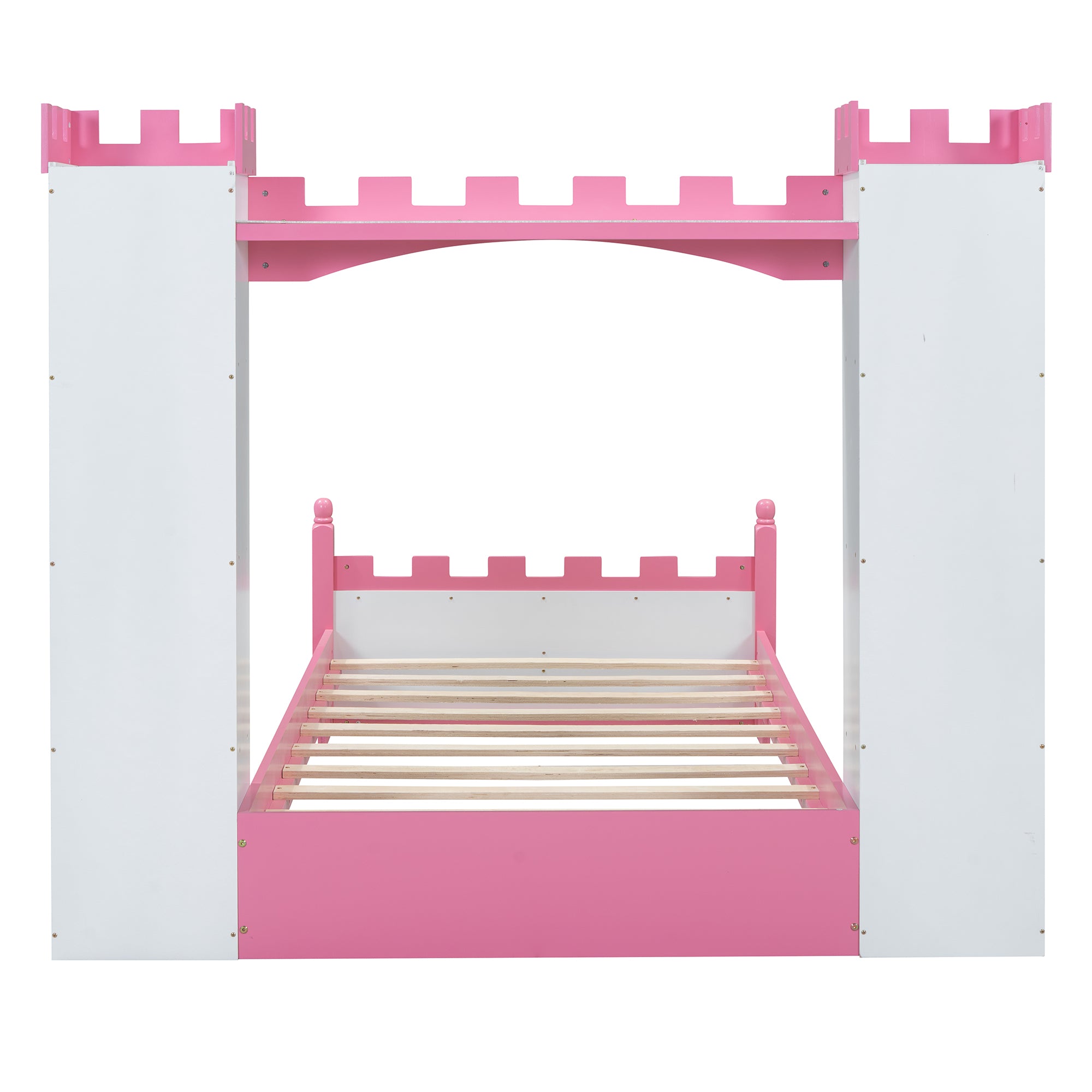 Castle-Shaped Wooden Bed with Storage Shelf, Dreamy Twin Size Platform Bed for Kids Bedroom, White + Pink