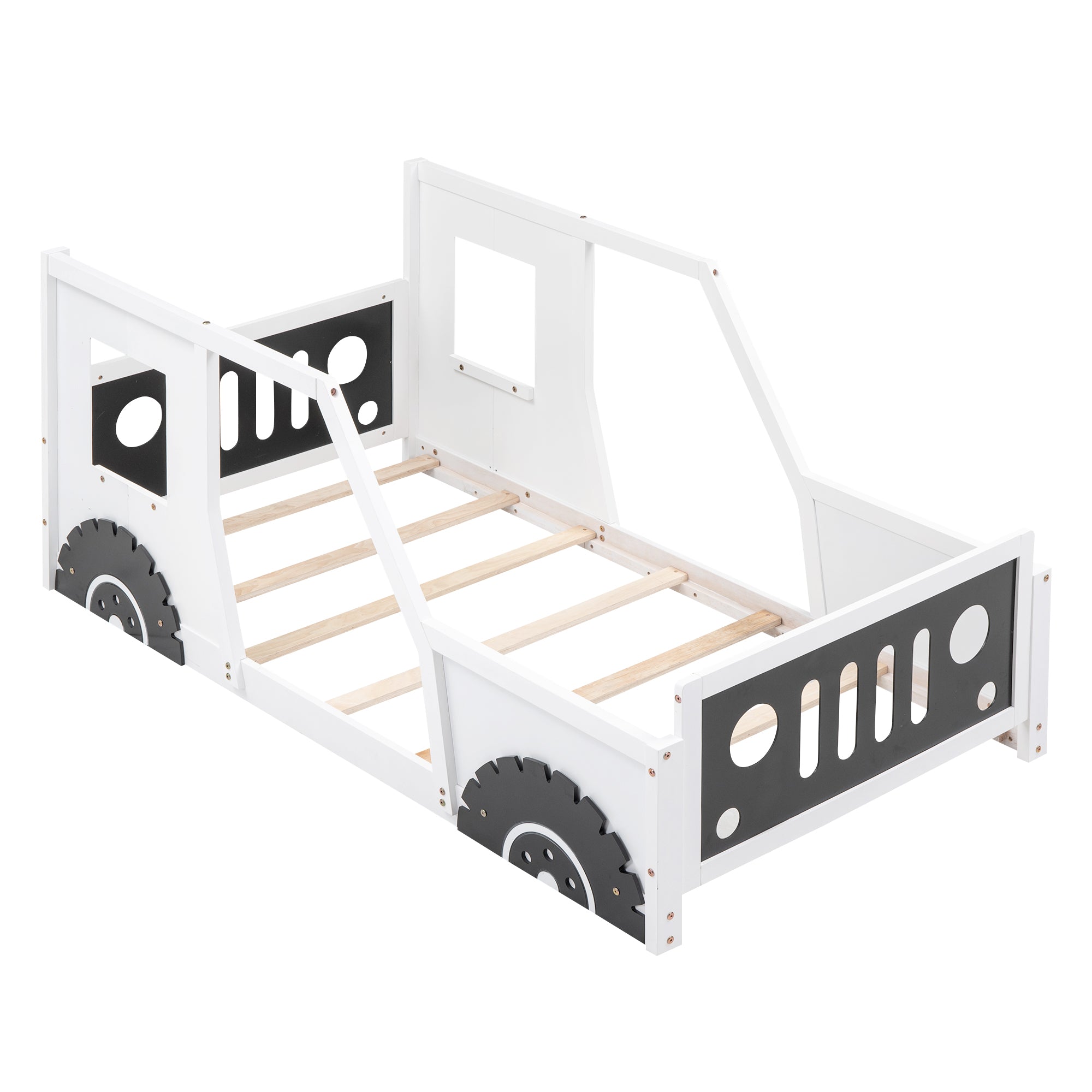 Cama de plataforma clásica con ruedas en forma de automóvil, tamaño twin, color blanco