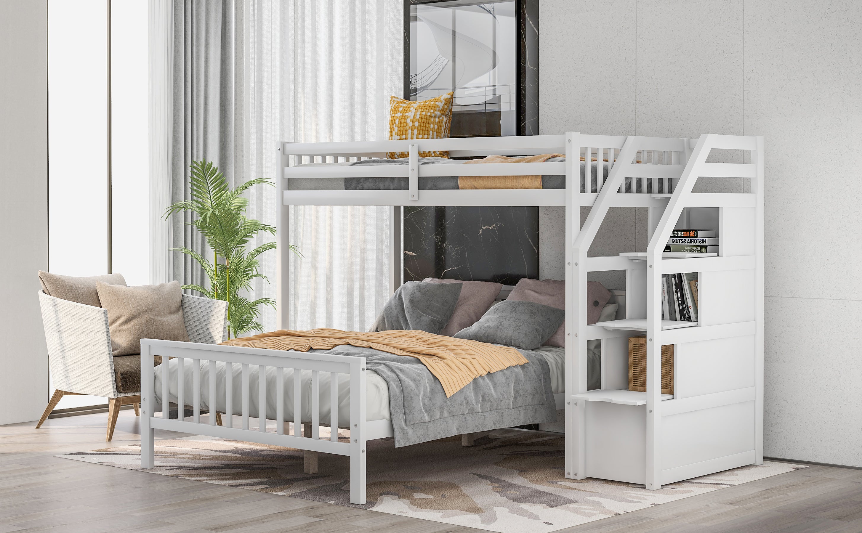 Twin over Full Loft Bed with Staircase,White