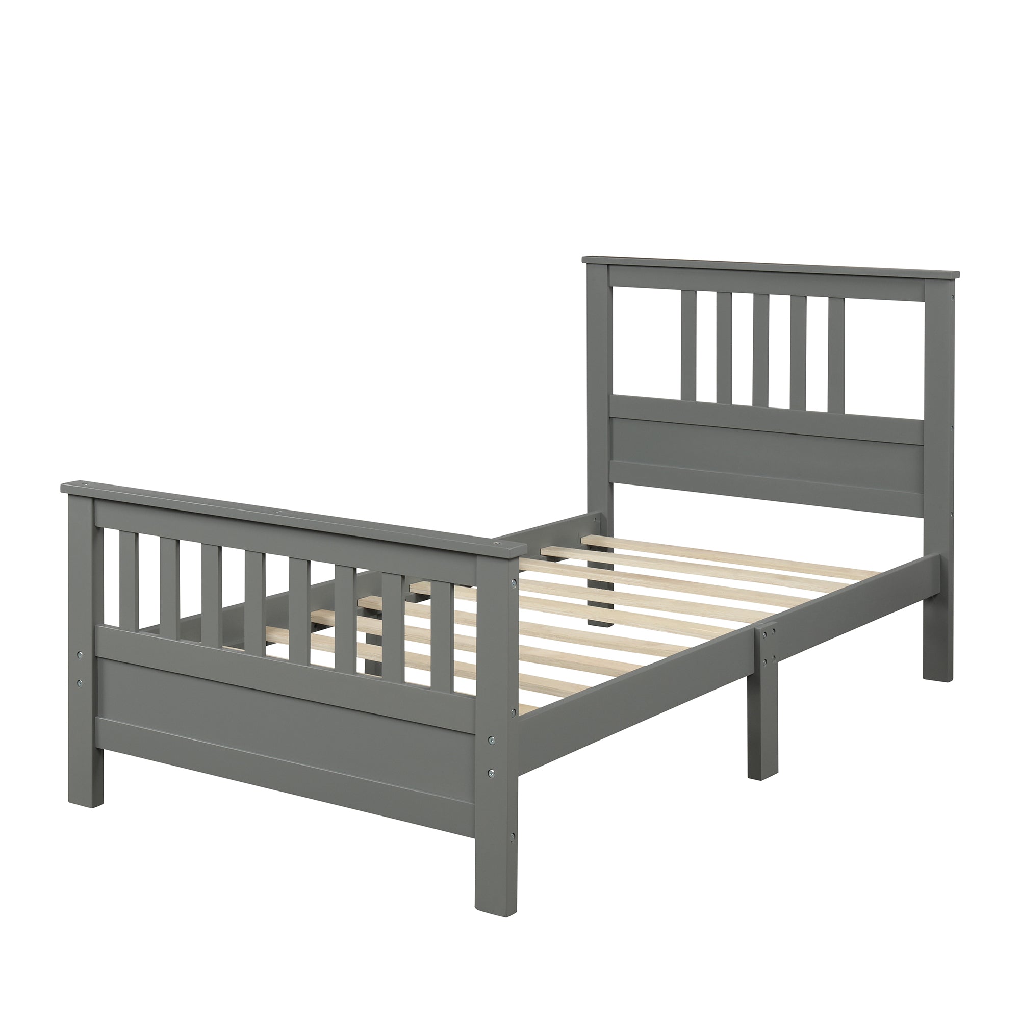 Cama de plataforma de madera con cabecero y pie de cama, tamaño twin (gris)