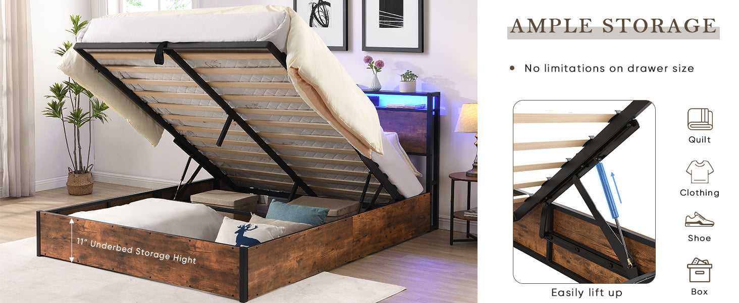 Elevating storage bed frame, full-size bed frame with bookshelf headboard and LED lights, with country brown color