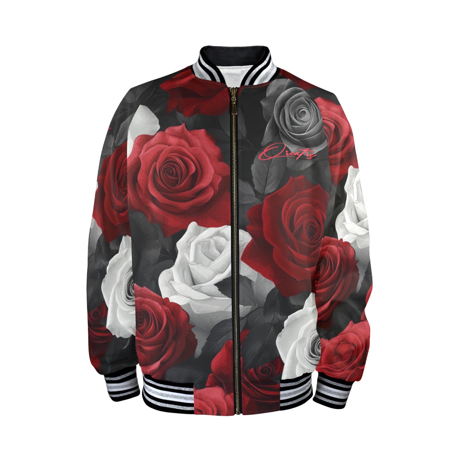 QREATRZ Roses Men's Limited Edition Striped Trim Bomber Jacket