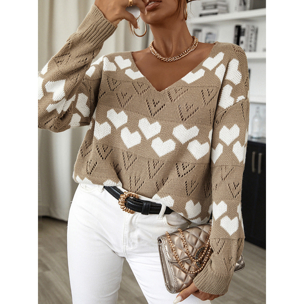 Autumn And Winter New Sweater V-Neck Love Pattern Sweater Loose Fashion Women's Wear