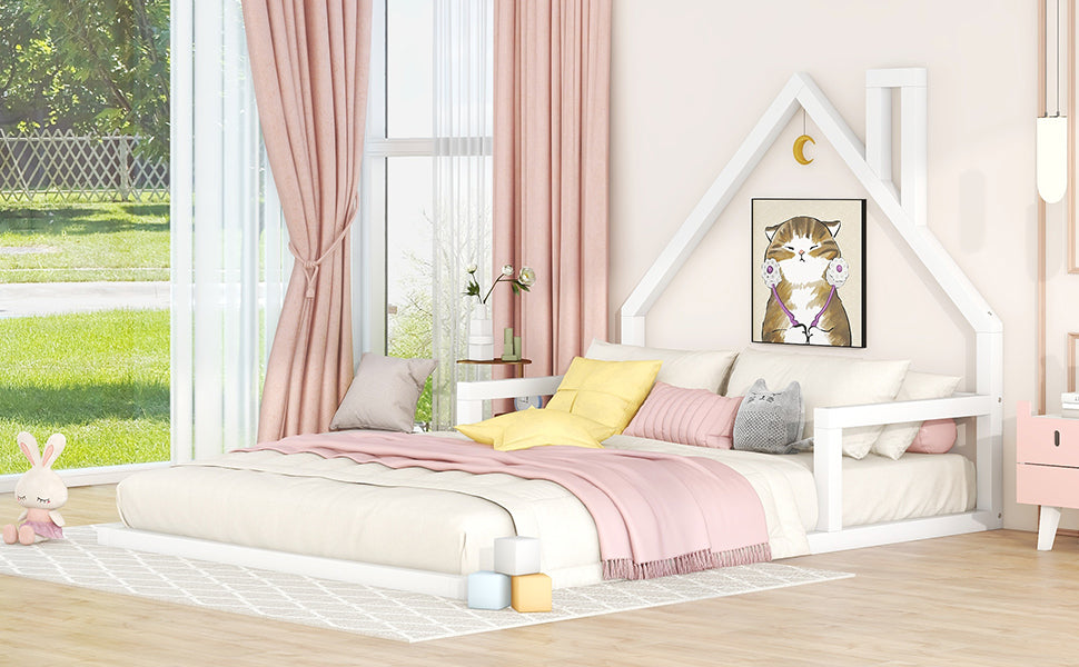 Full Size Wood Floor Bed with House-shaped Headboard  White