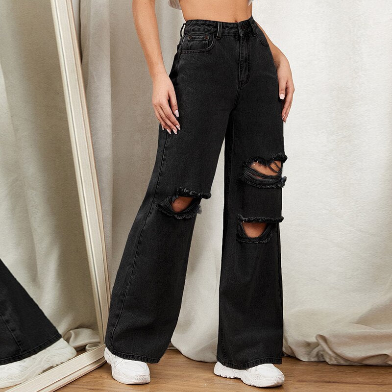 Hole Washed Wide Leg Pants Jeans Women Loose Boyfriend Jeans 100% Cotton Mom Jeans Casual Trousers Denim Pants