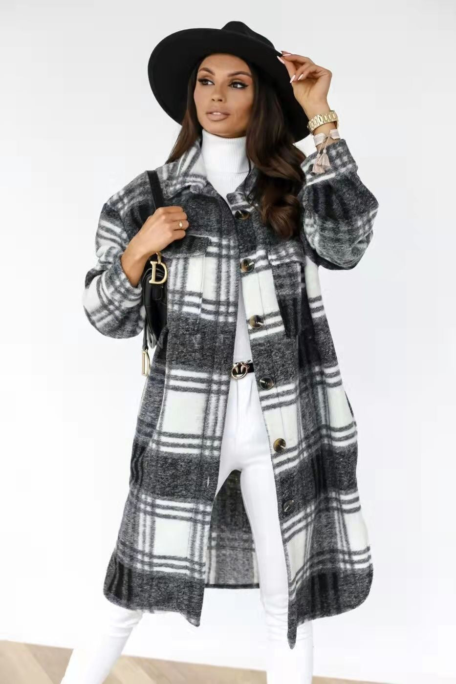 Spring And Autumn New Women's Plaid Brushed Medium Long Woolen Coat