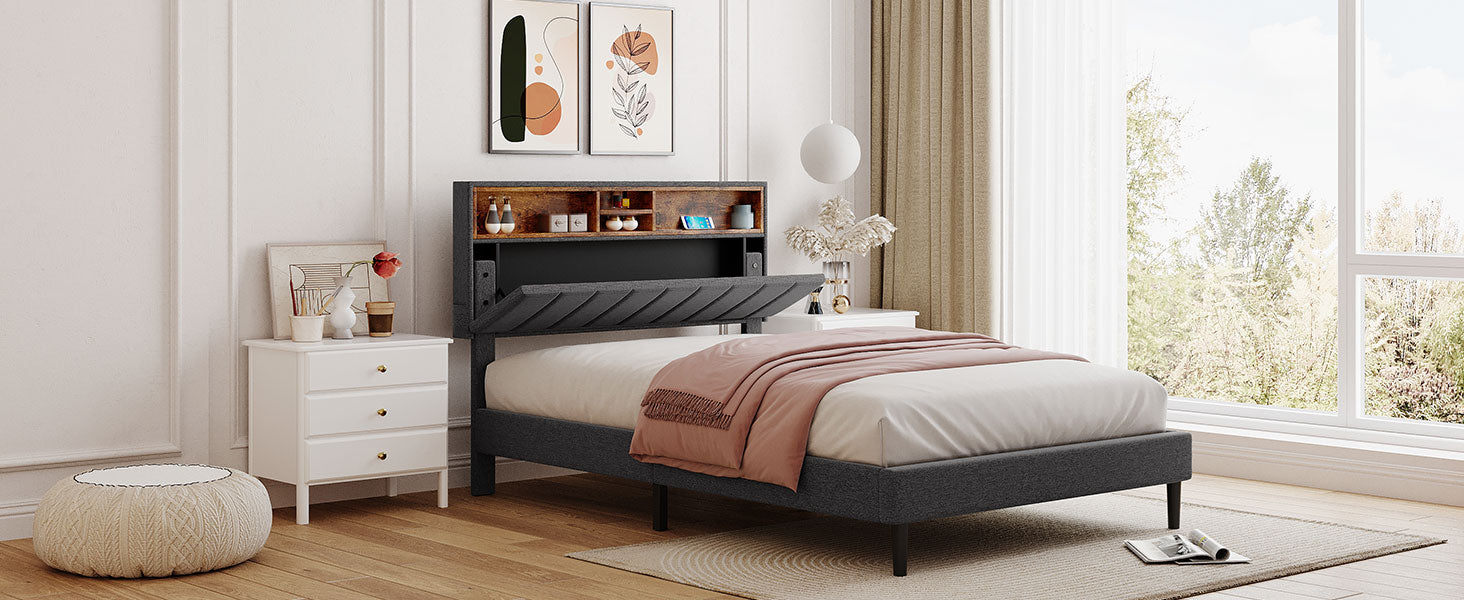 Full size Upholstered Platform Bed with Storage Headboard and USB Port Linen Fabric Upholstered Bed (Gray)