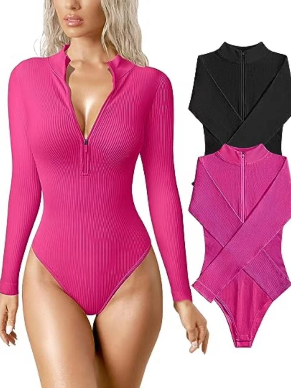 Long Sleeve Bodysuit Sexy Ribbed Bodysuit Front Zip Long Sleeve Top Bodysuit