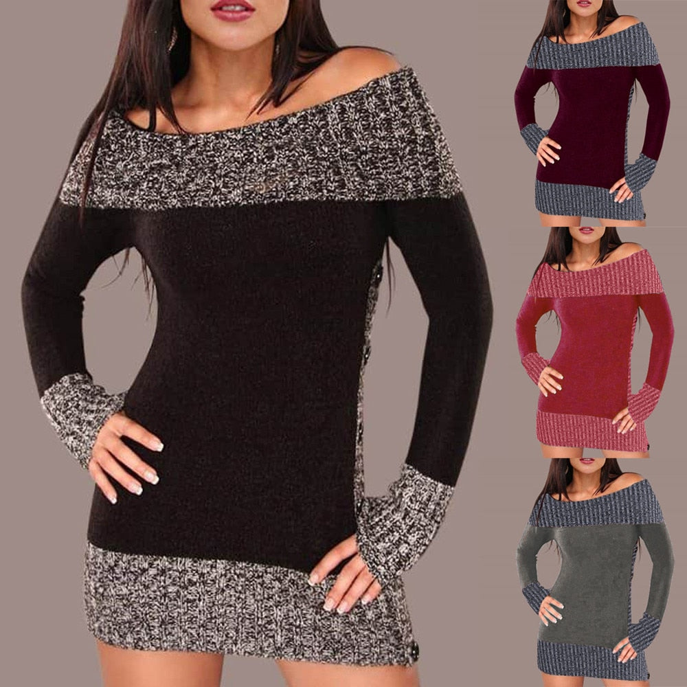 Winter Sweater Women Sexy Off Shoulder Color Block Sweater Dress Buttons Knitted Long Pullover Top