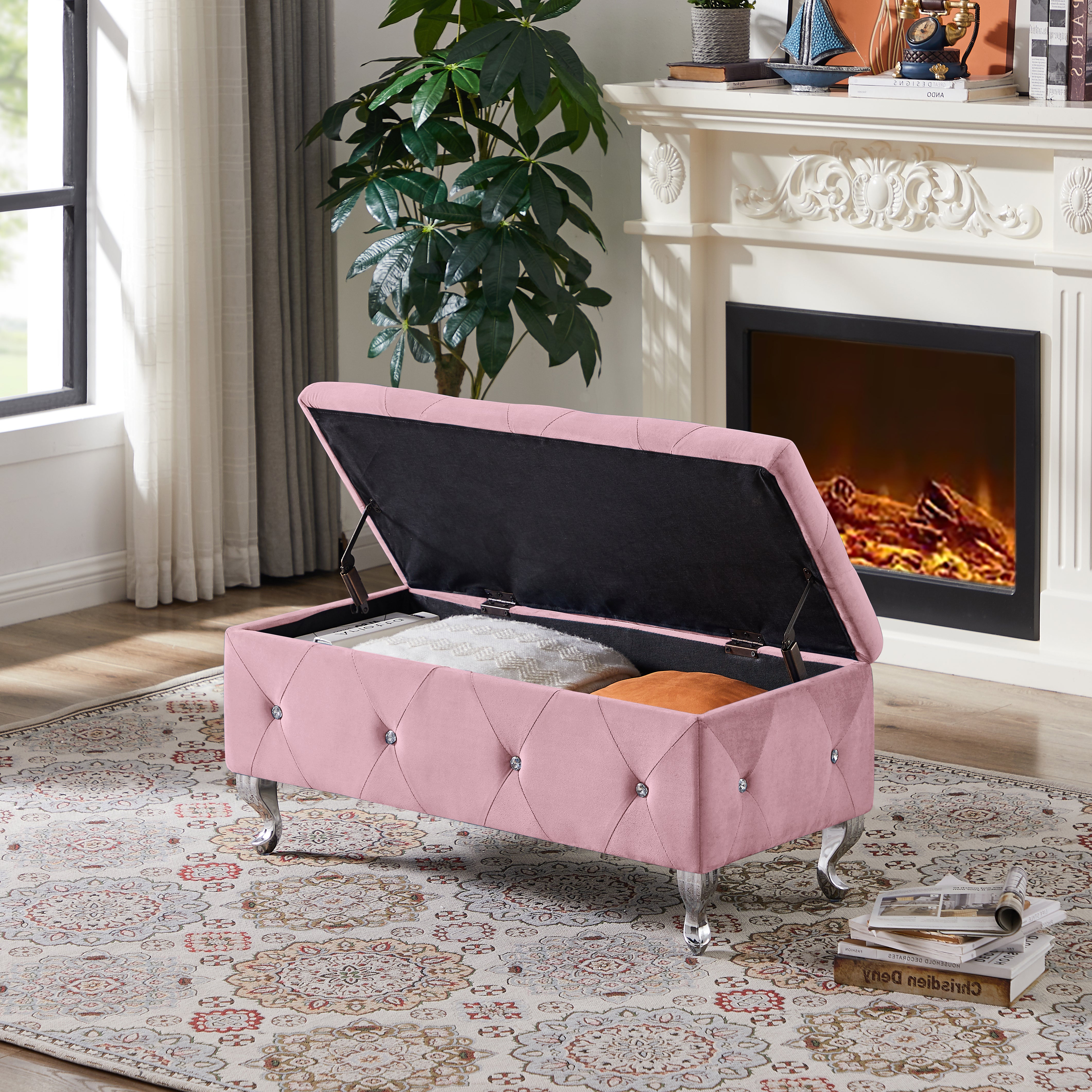 Banc d'entrée rabattable en velours rose avec rangement