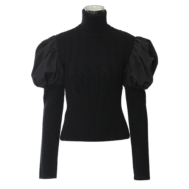 Spliced high neck black sweater women's bubble sleeve slim fit knit top