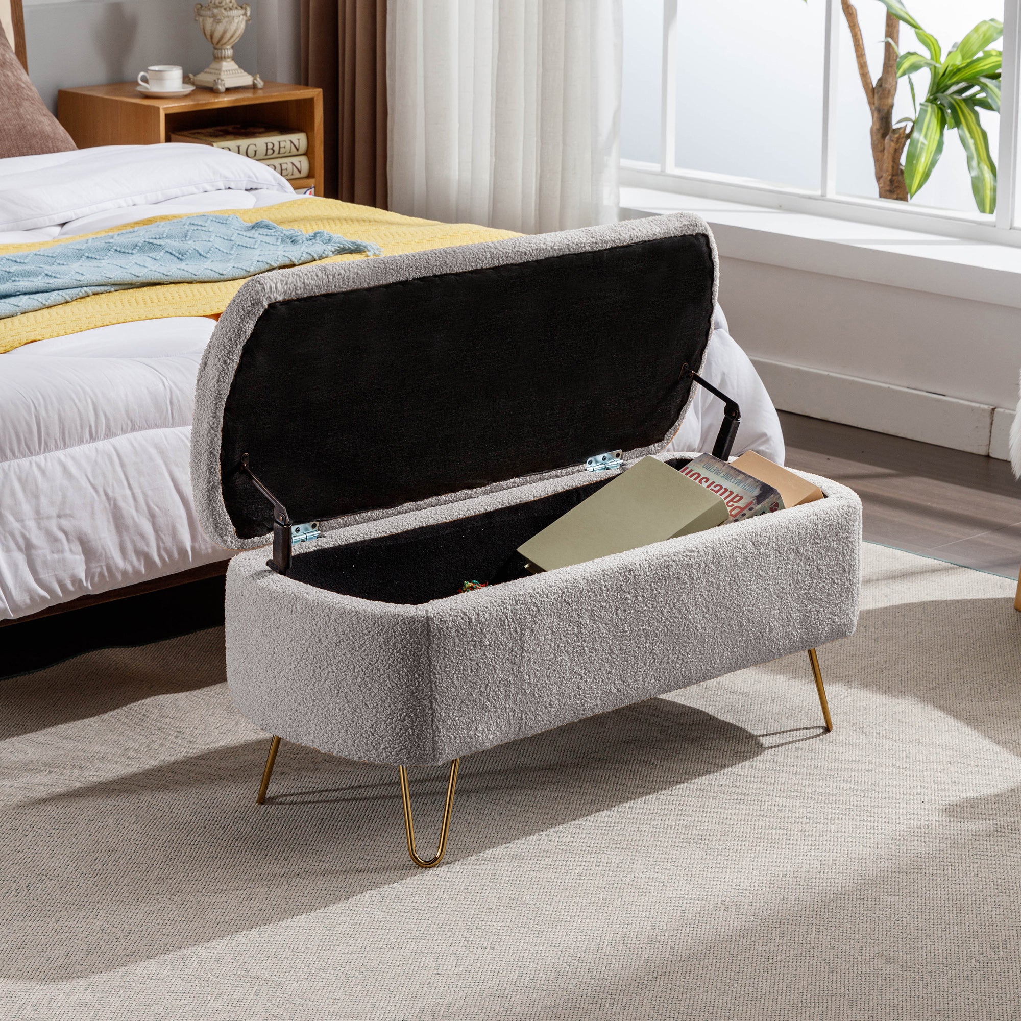 Grey Storage Ottoman Bench for End of Bed Gold Legs Modern Grey Faux Fur Entryway Bench