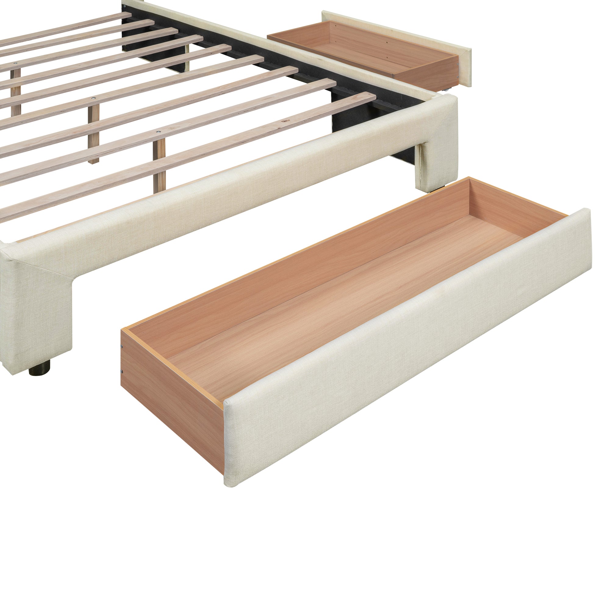 Full Size Upholstered Platform Bed with One Large Drawer in the Footboard and Drawer on Each Side Beige