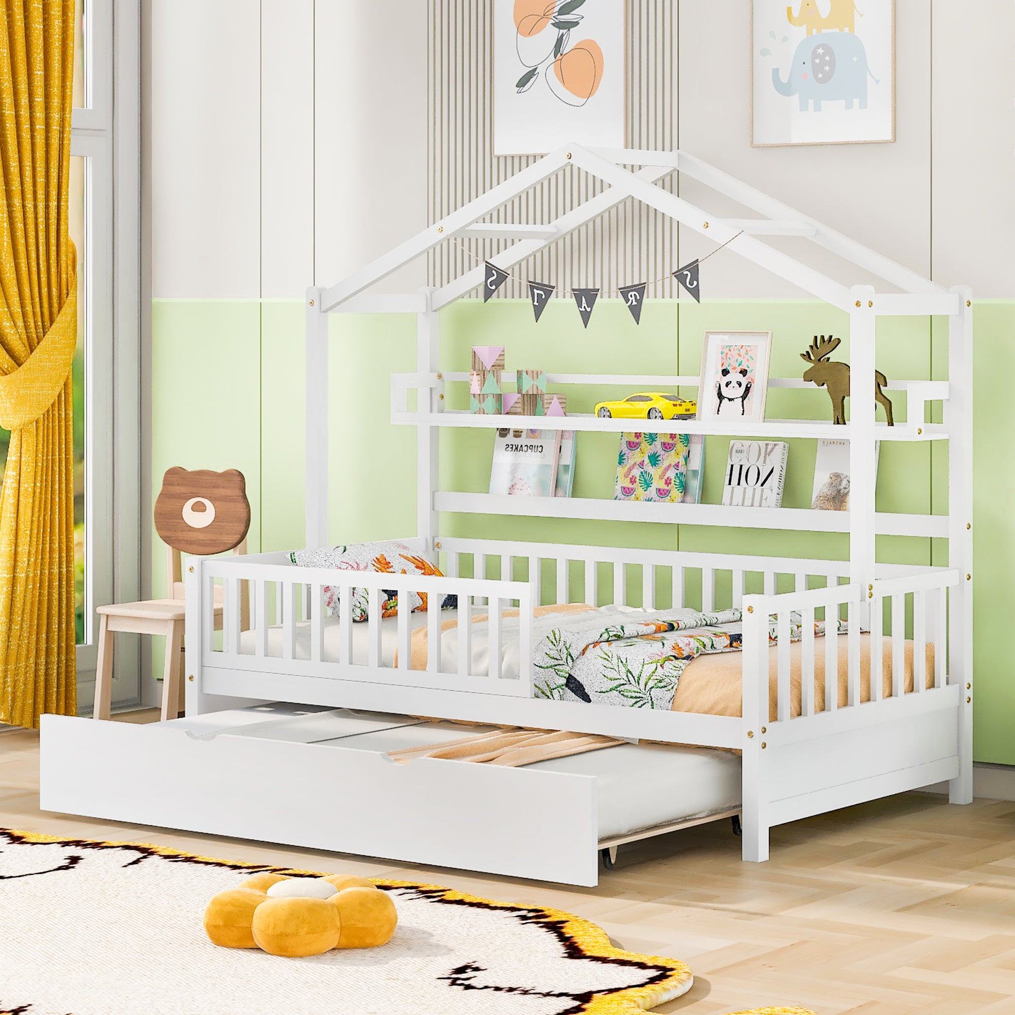 Wooden Twin Size House Bed with Trundle Kids Bed with Shelf White