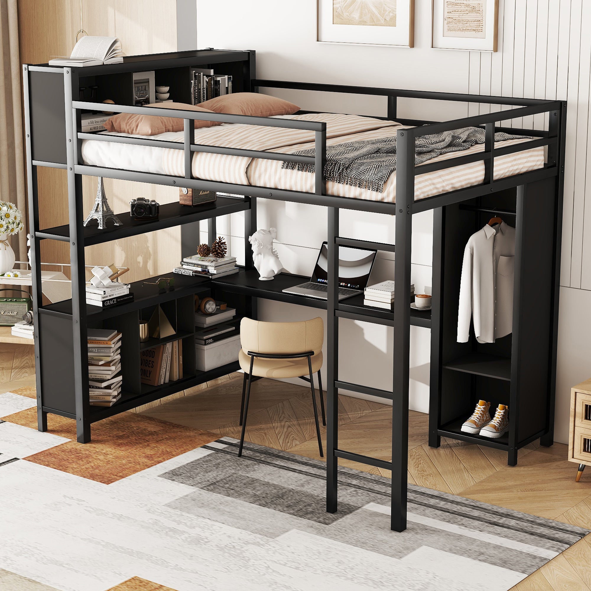 Metal loft bed with wardrobe and L-shaped desk, full-size loft bed with storage cabinet and shelf, heavy-duty loft bed, black