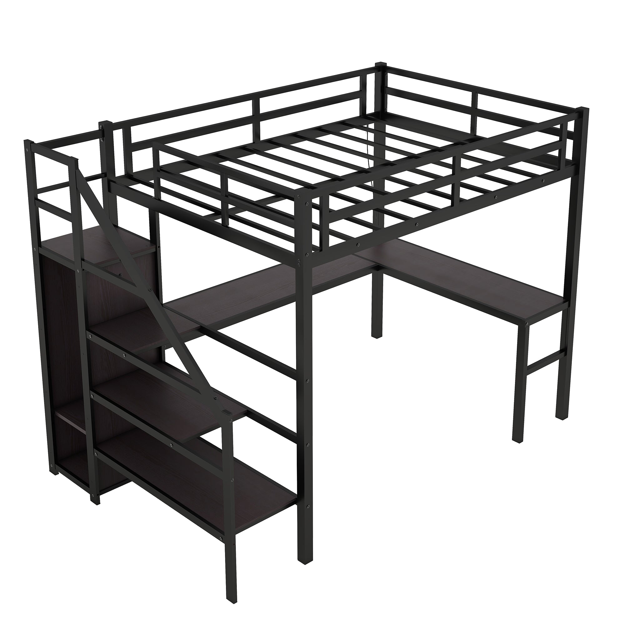 Twin XL loft bed with L-shaped desk and USB, metal loft bed with wardrobe and adjustable shelf, LED loft bed, black