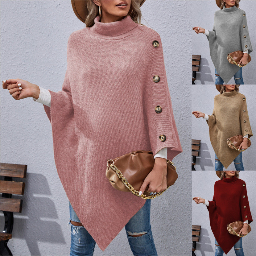 Suéter tipo capa irregular con cuello alto y botones para mujer, otoño e invierno, nuevo