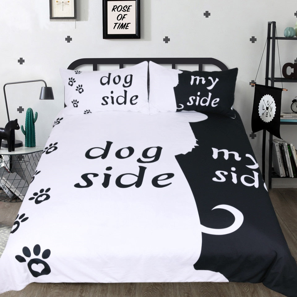 Juego de ropa de cama de dibujos animados para niños, juego de funda nórdica Dog Side and My Side, textiles para el hogar, ropa de cama negra con huellas de mascotas