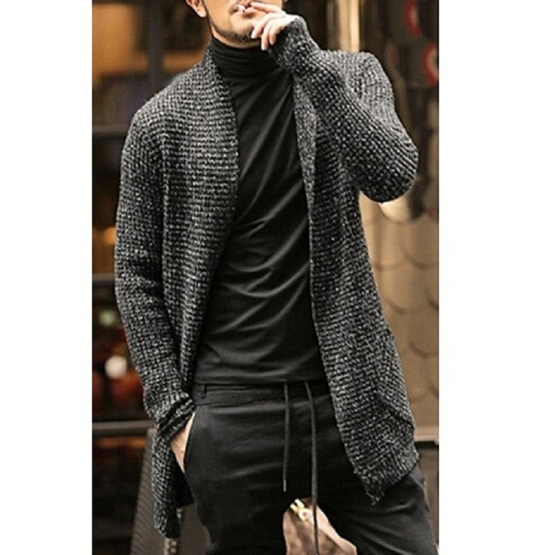 Cardigan tricoté pour homme, pull long, automne, veste décontractée, coupe slim, trench, pulls en tricot, streetwear, hauts gris