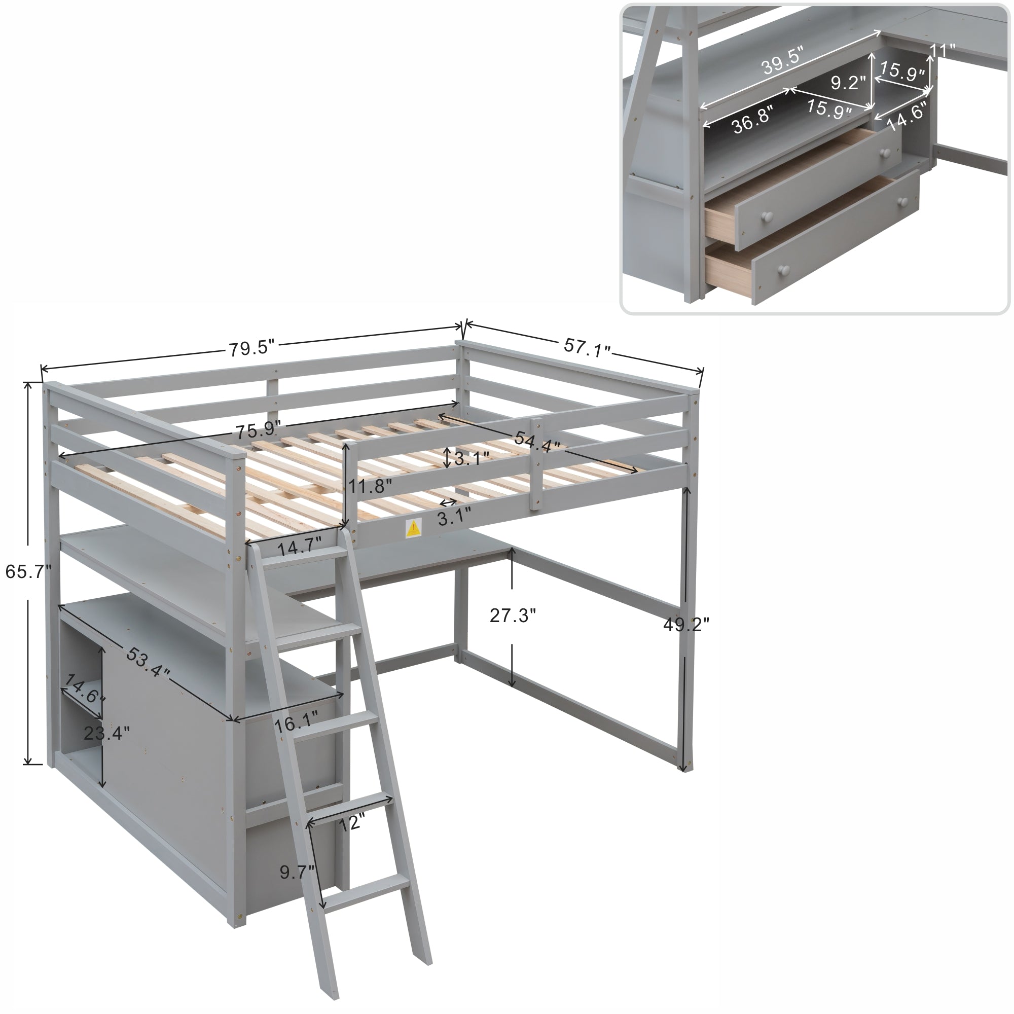 Full Size Loft Bed with Desk and Shelves,Two Built-in Drawers Gray