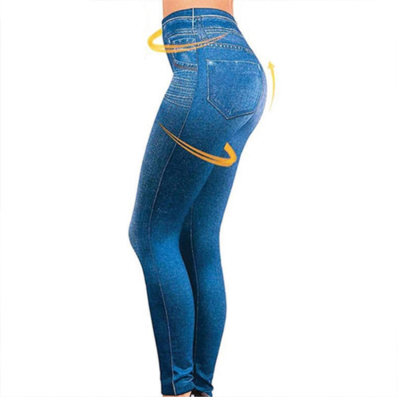 Perfect Fit Jeans Leggings Explosion models imitation denim women's leggings 9 points pants pull hair print imitation denim