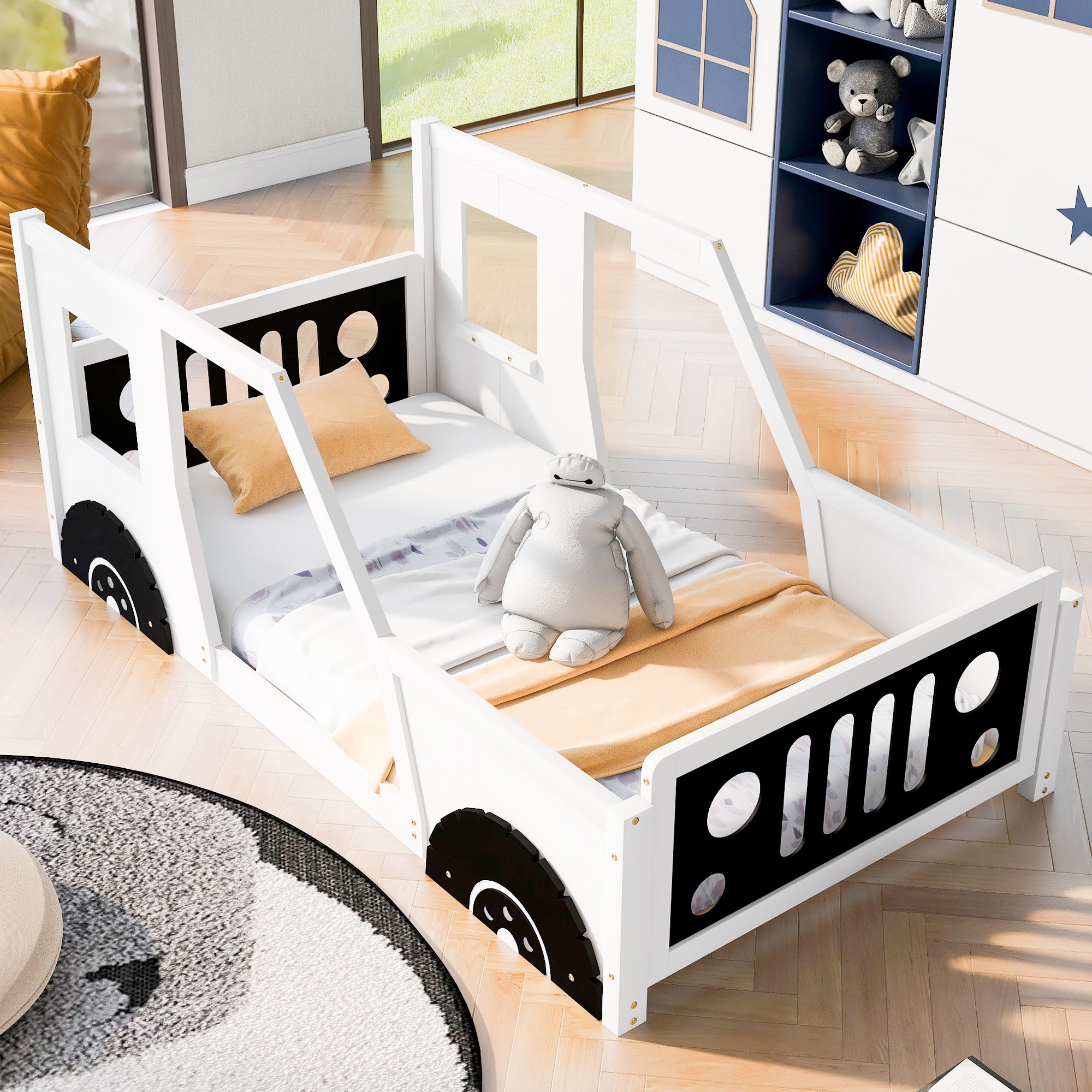 Cama de plataforma clásica con ruedas en forma de automóvil, tamaño twin, color blanco