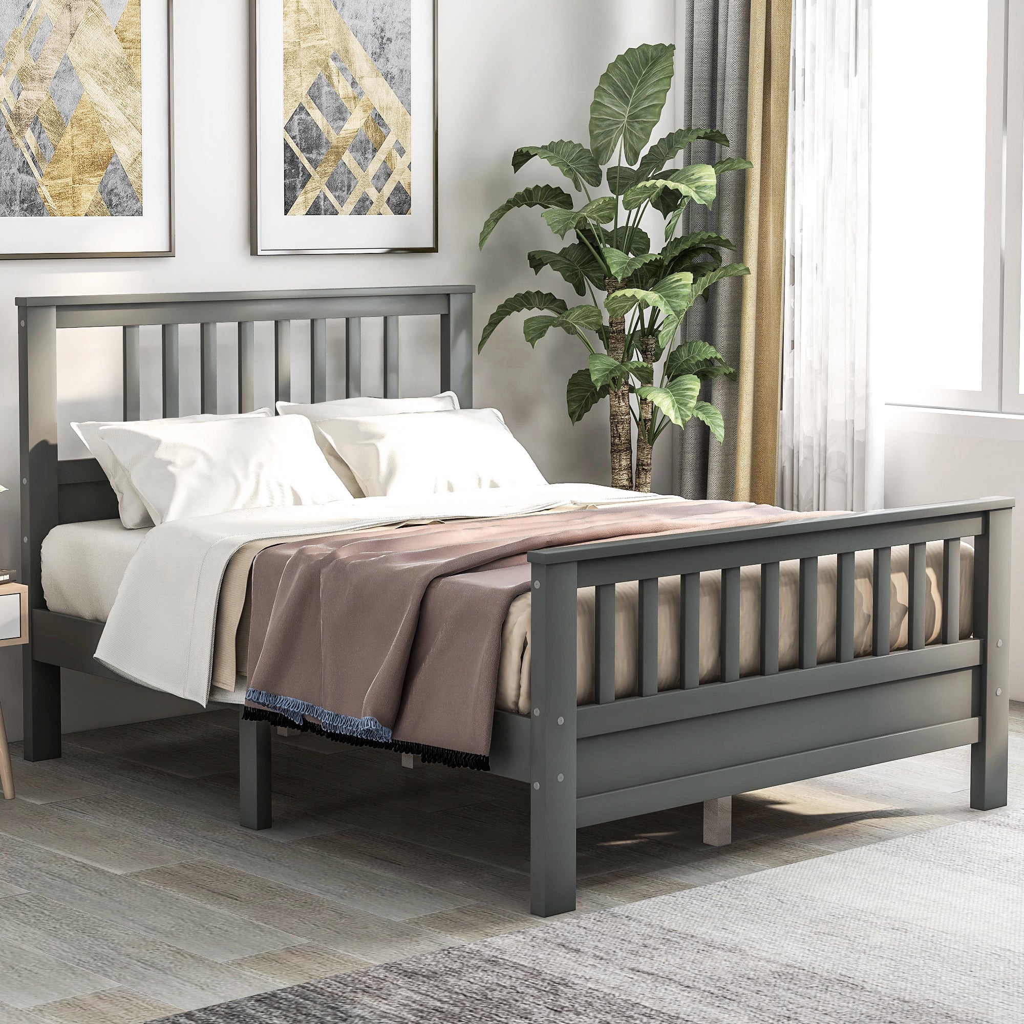 Cama de plataforma de madera con cabecero y pie de cama tamaño queen (gris)