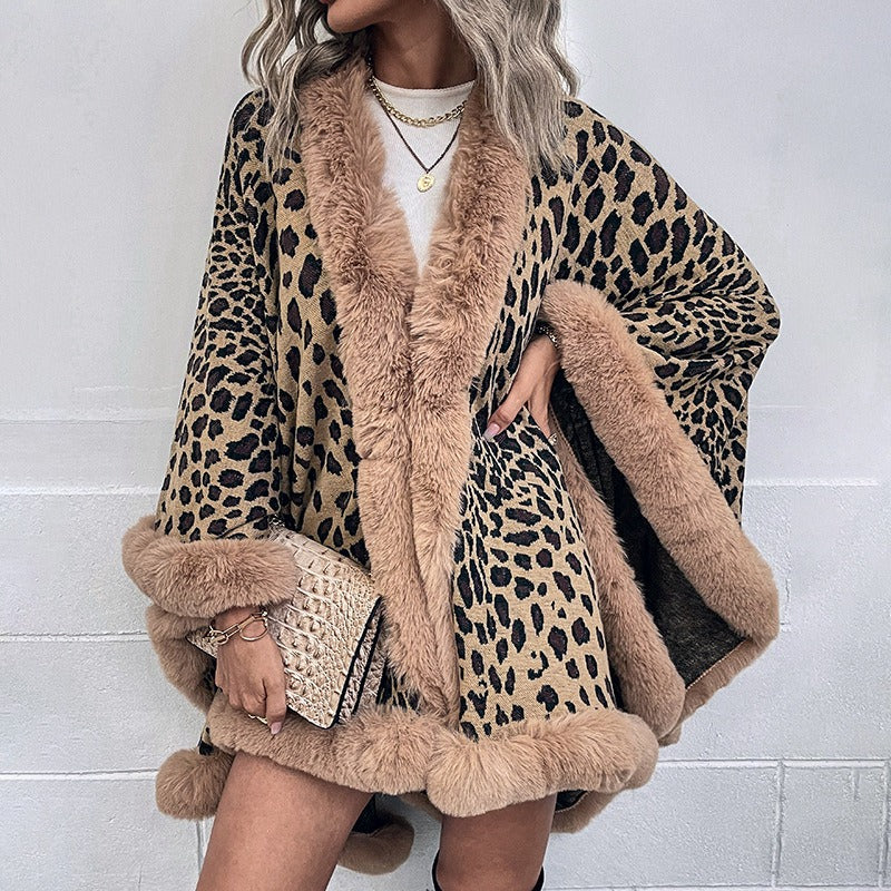 Suéter tipo capa con cuello de lana para otoño e invierno, tipo cárdigan con estampado de leopardo para mujer