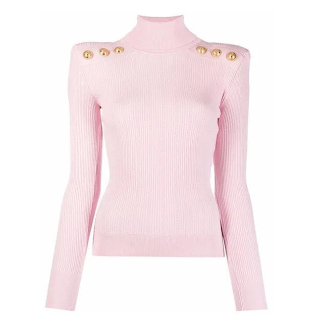 New Classic Turtlenecks Pullovers Long Sleeve Gold Buckle Sweater Women Winter Fall Casual Elasticity Knitting Top