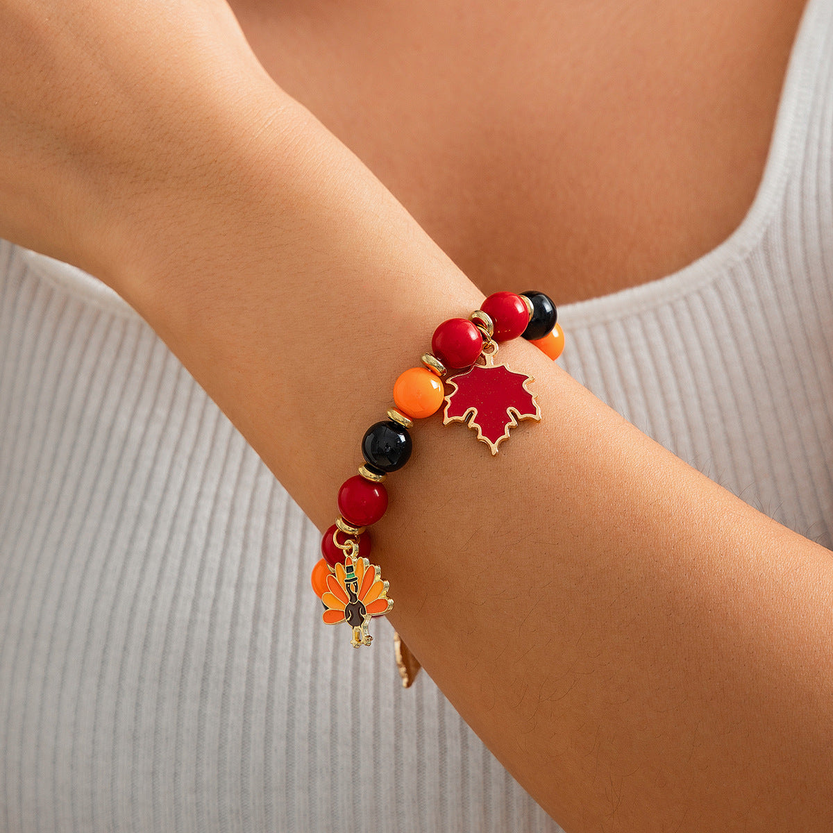 Thanksgiving Creative Maple Leaf Pendant Alloy Bracelet Personalized Letter Pumpkin Bead Bracelet