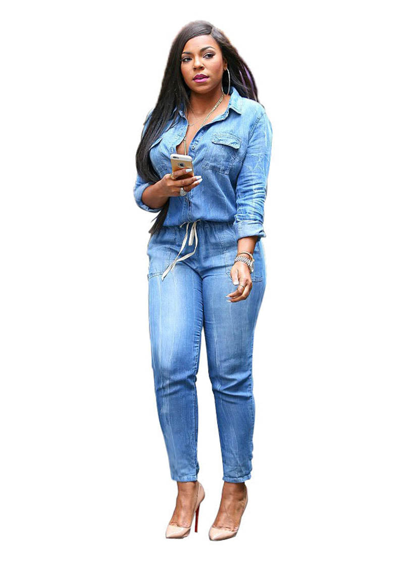 Adogirl Vintage Plus Size Jeans Jumpsuit Turn Down Collar Long Sleeve Bandage Denim Rompers Women Bodysuits S-3XL