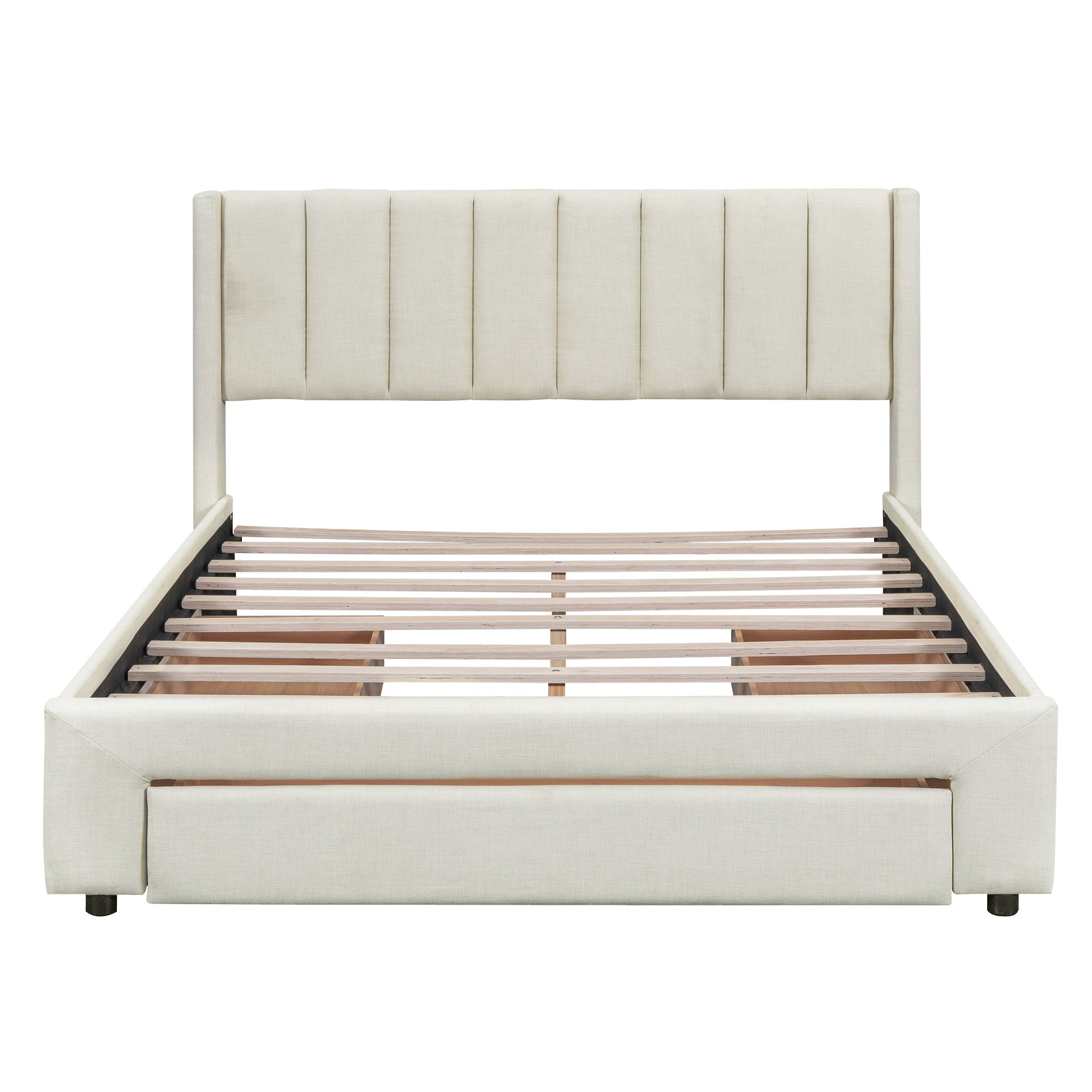 Full Size Upholstered Platform Bed with One Large Drawer in the Footboard and Drawer on Each Side Beige