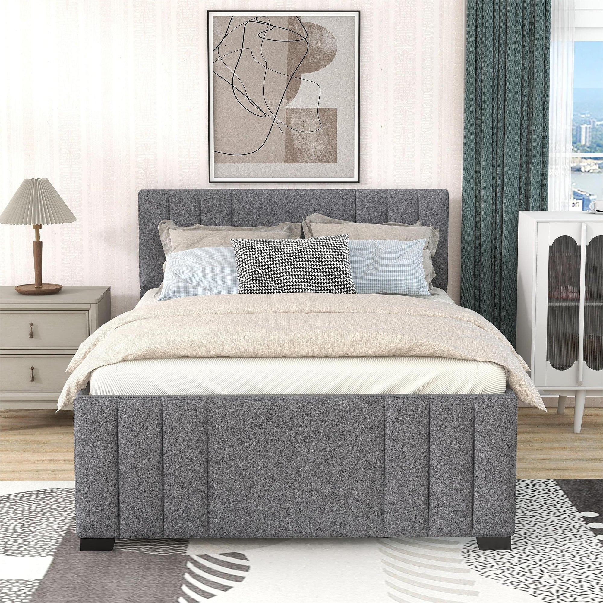 Full Upholstered Platform Bed with Trundle Grey