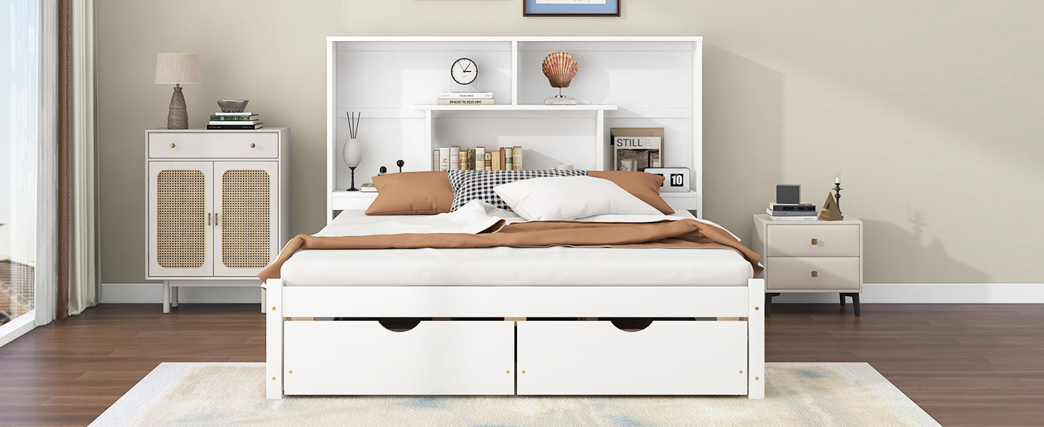 Queen Size Platform Bed with Storage Headboard and 2 Drawers, White