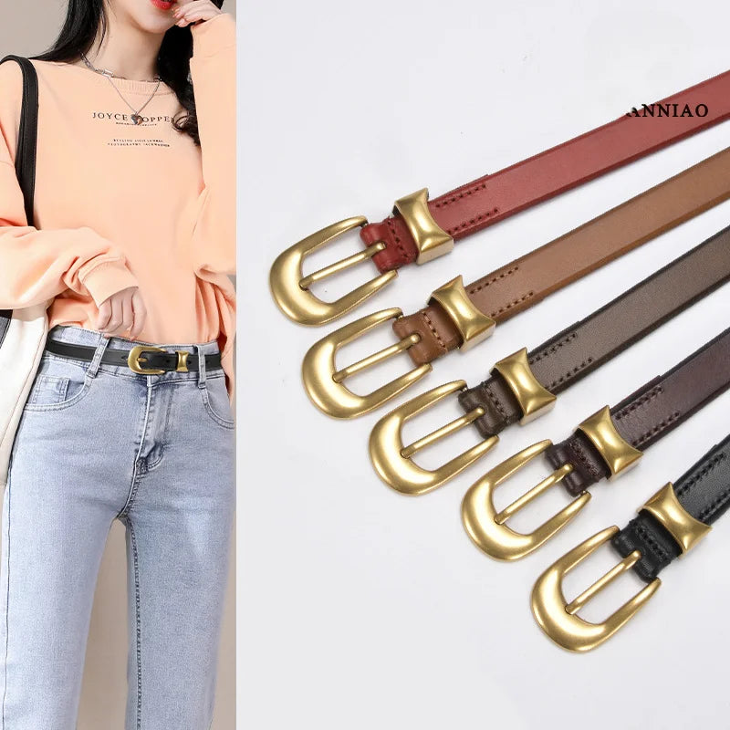 High-grade Gold Vintage Button Leather Top Belt