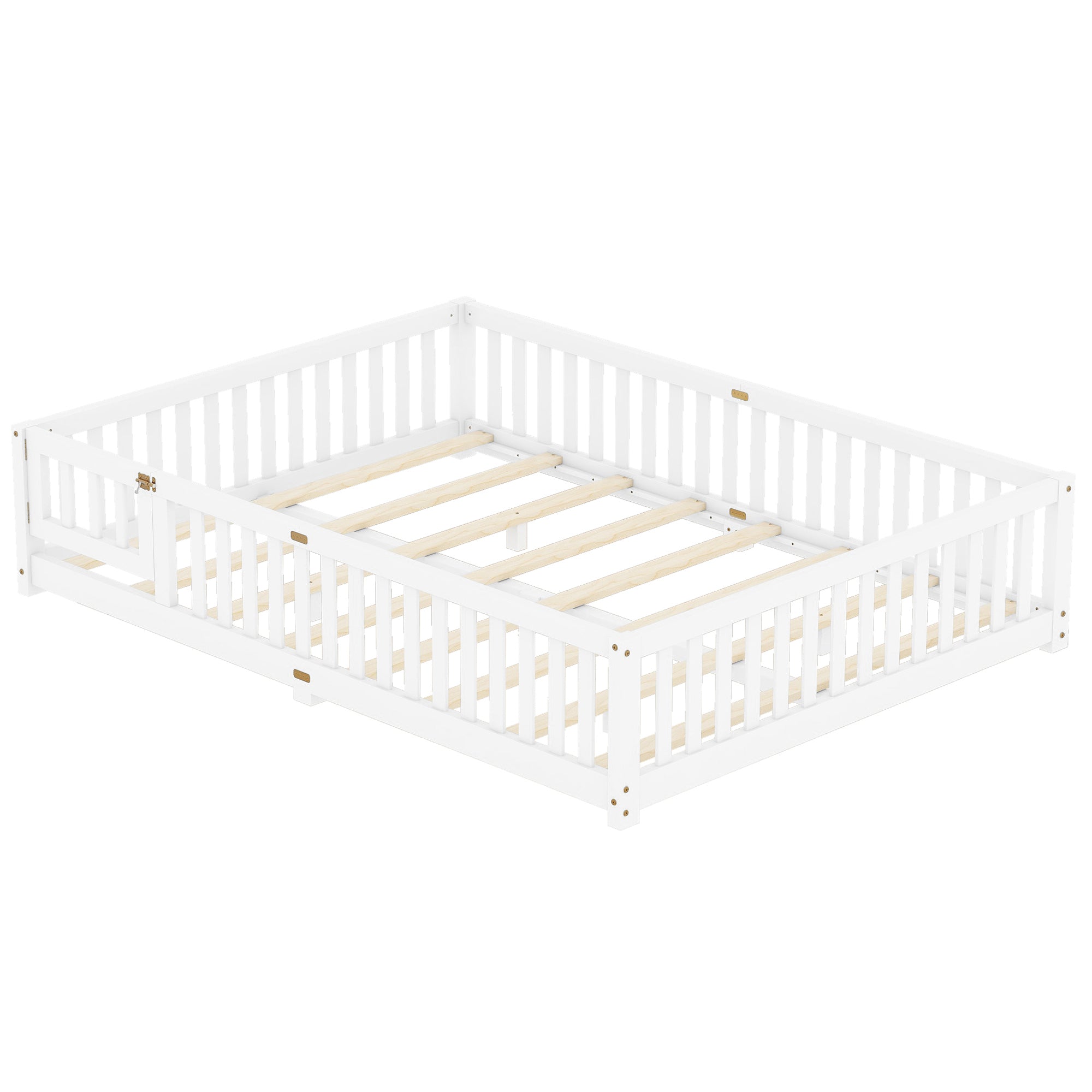 Queen Size Bed Floor Bed with Safety Guardrails and Door for Kids, White