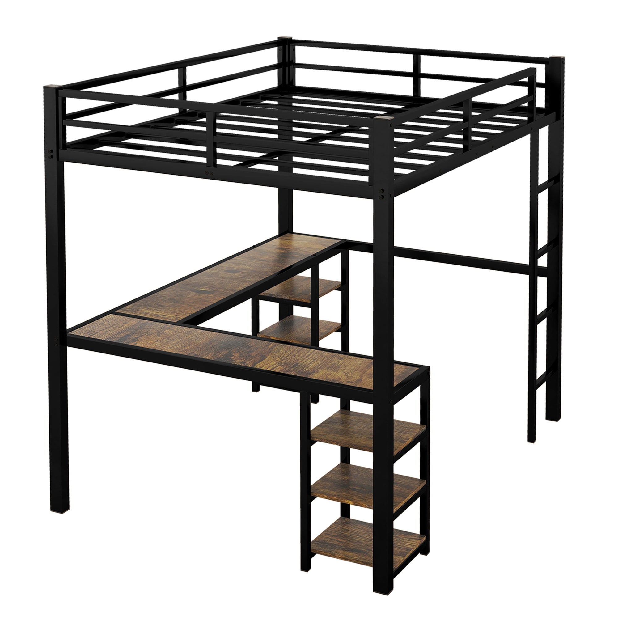 Full metal loft bed with desk and shelf, loft bed with ladder and guardrail, black with retro wood desk