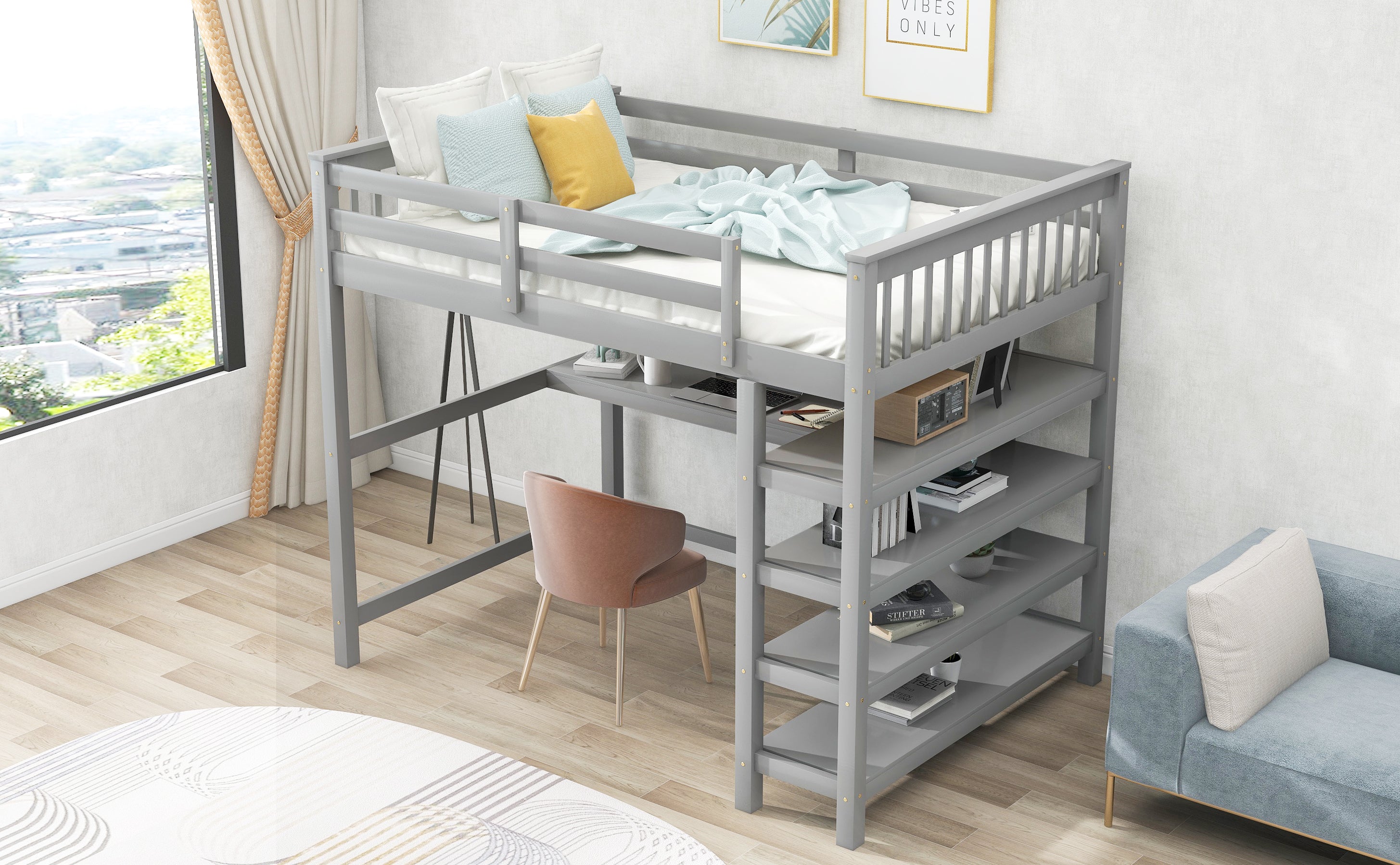 Full Size Loft Bed with Storage Shelves and Under-bed Desk, Gray