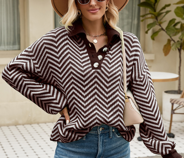 Fashionable striped knit sweater for women with long sleeved color matching lapel sweater for women