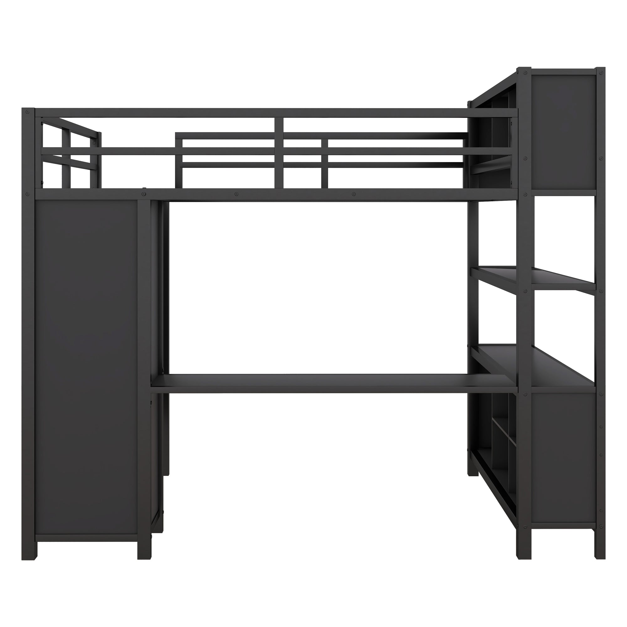 Metal loft bed with wardrobe and L-shaped desk, full-size loft bed with storage cabinet and shelf, heavy-duty loft bed, black