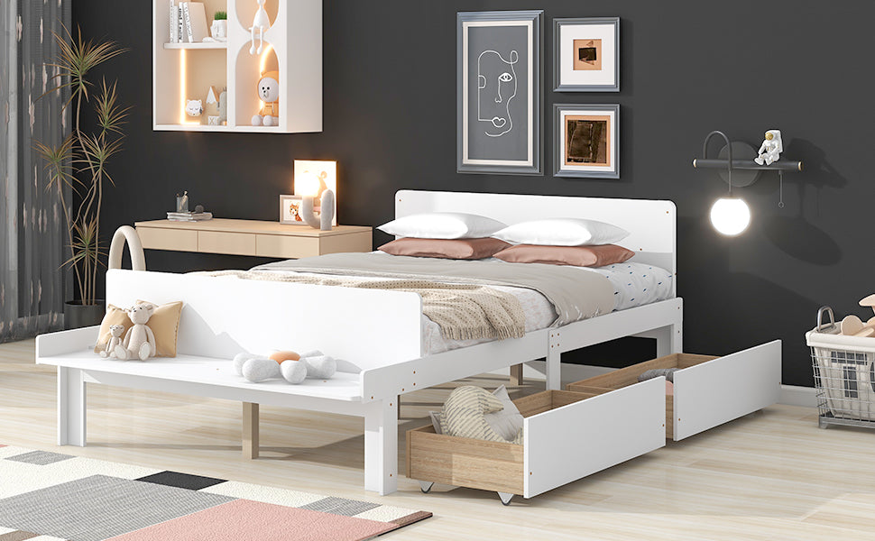 Full Bed with Footboard Bench 2 drawers White