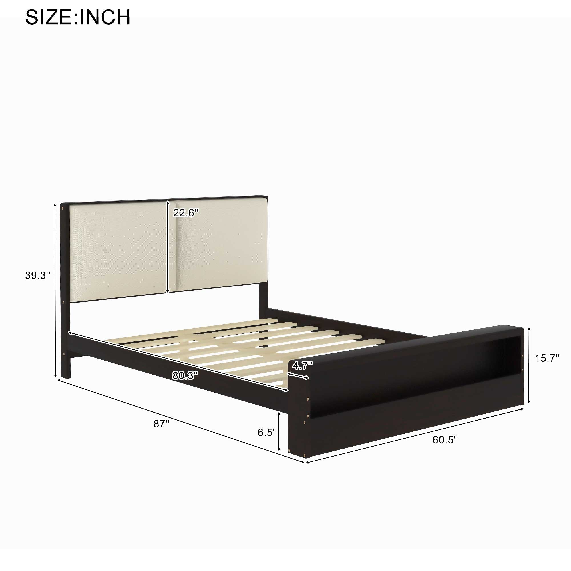 Queen Size Platform Bed Frame with Upholstery Headboard and Bookshelf in Footboard and LED Light Strips, Espresso