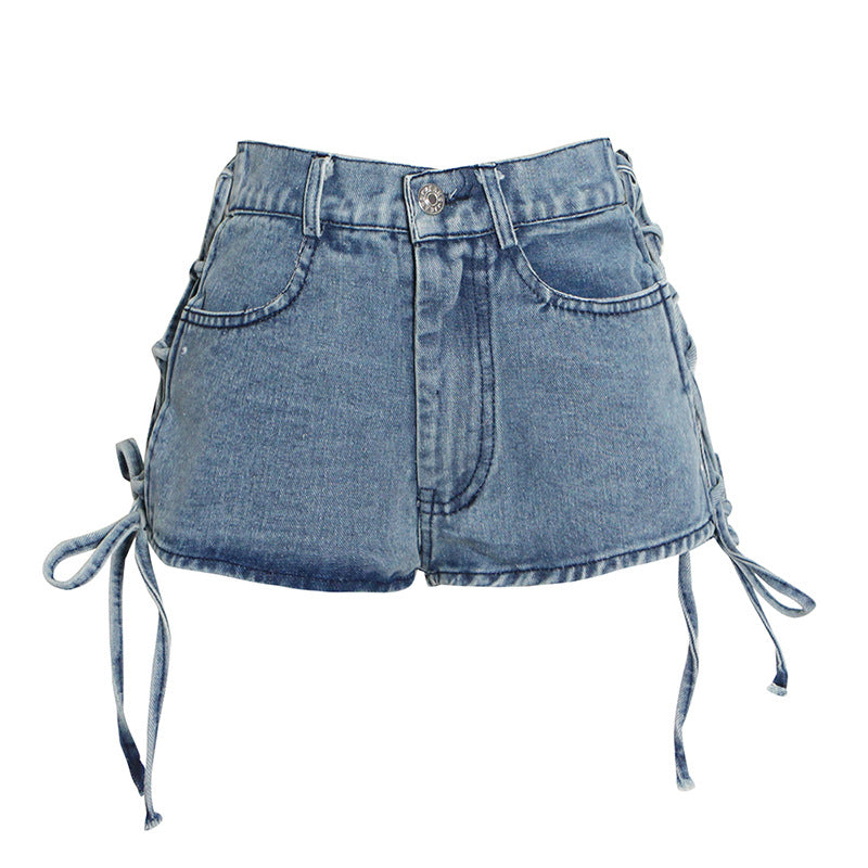 Sexy Western Style Super Shorts Spring And Summer New Side Straps White And Blue Ladies Jeans